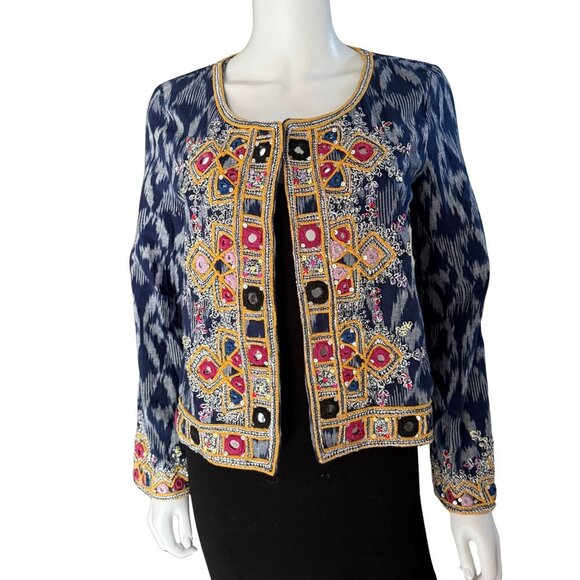 Calypso St. Barth Navy Akillna Ikat Jacket With Colorful Embroidered Mirror Deta - Picture 2 of 11